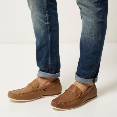 Tan leather woven slip on loafers